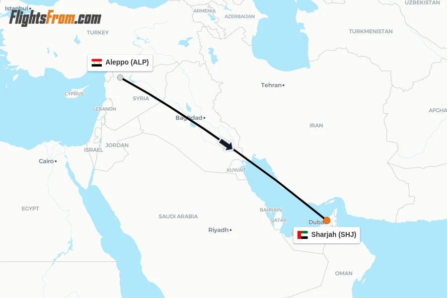 Flights from Aleppo to Sharjah route map
