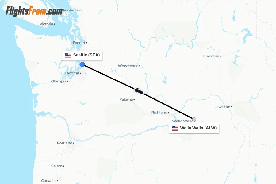 Flights from Walla Walla to Seattle route map