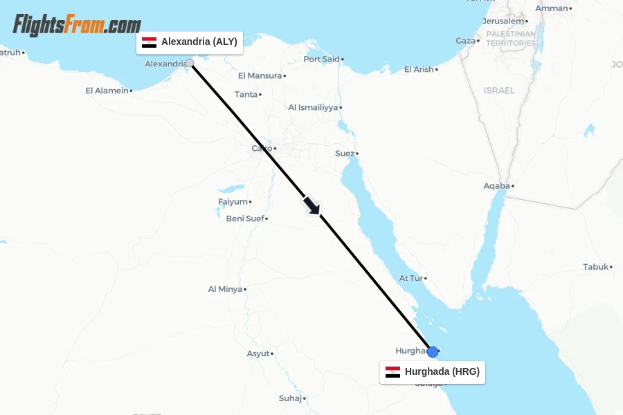 Flights from Alexandria to Hurghada route map