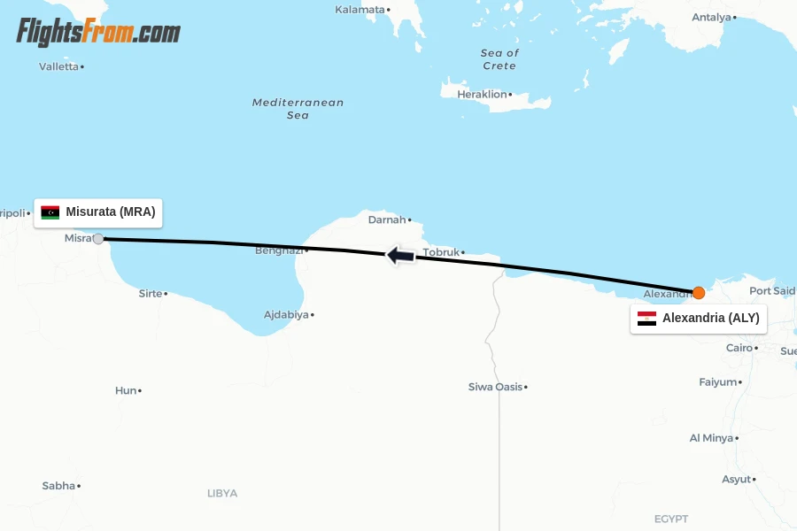 Flights from Alexandria to Misurata route map