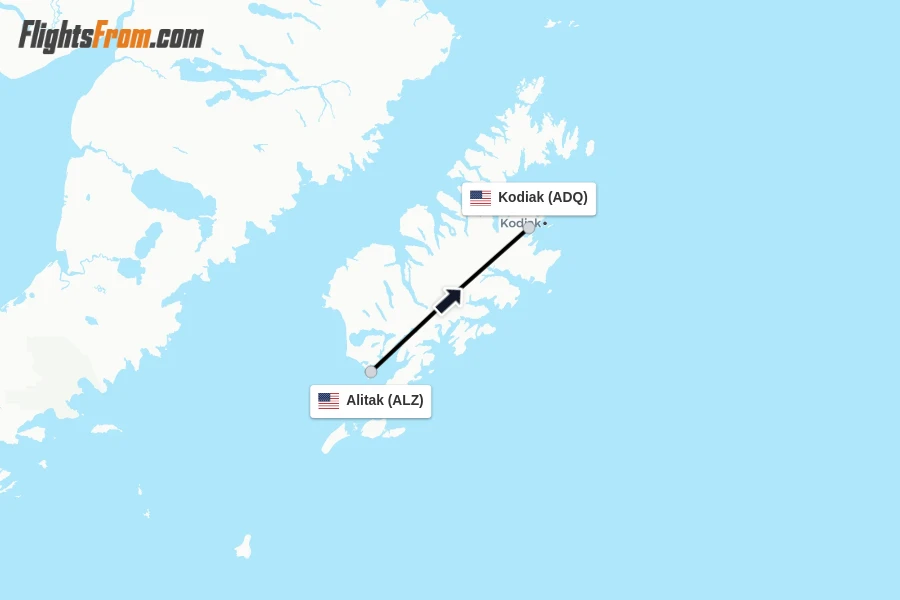 Flights from Alitak to Kodiak route map