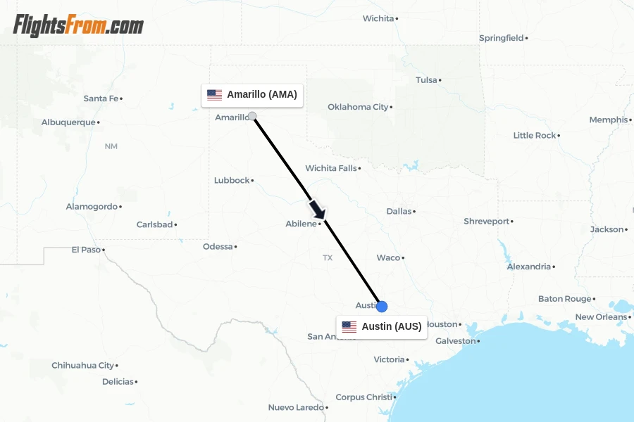 Flights from Amarillo to Austin route map