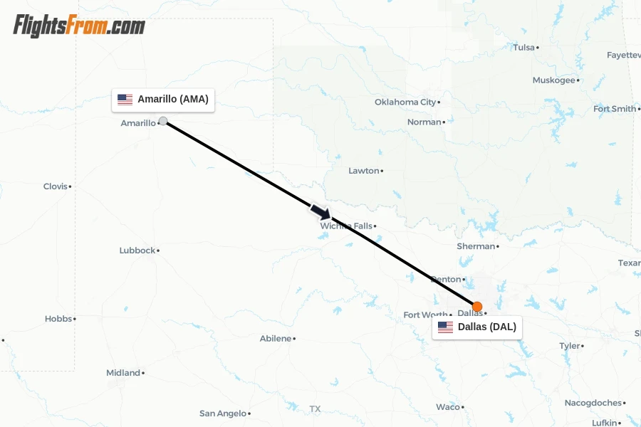 Flights from Amarillo to Dallas route map
