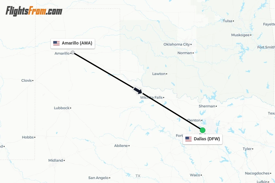 Flights from Amarillo to Dallas route map