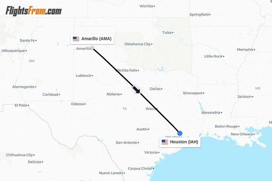 Flights from Amarillo to Houston route map