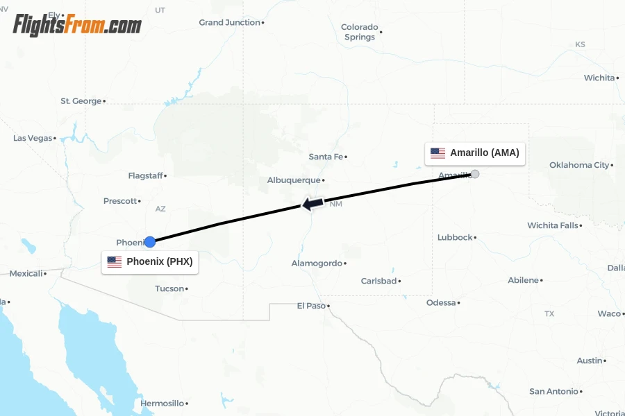 Flights from Amarillo to Phoenix route map