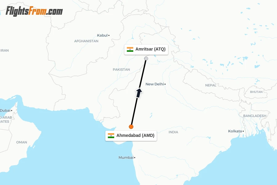 Flights from Ahmedabad to Amritsar route map