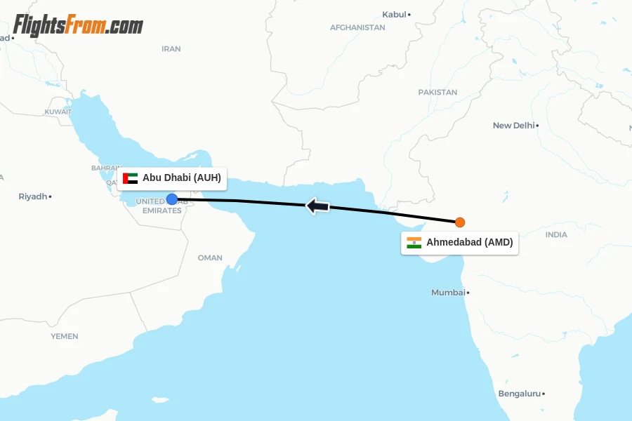 Flights from Ahmedabad to Abu Dhabi route map