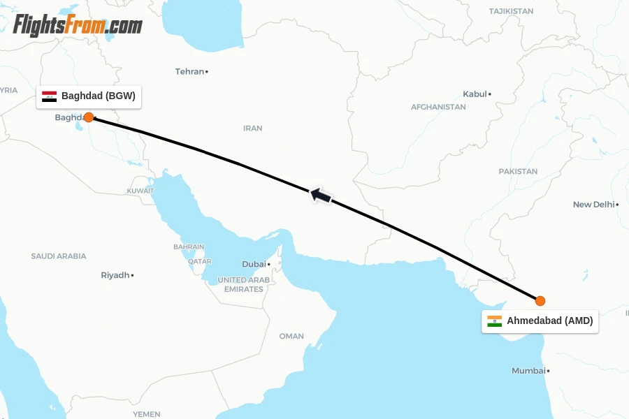 Flights from Ahmedabad to Baghdad route map