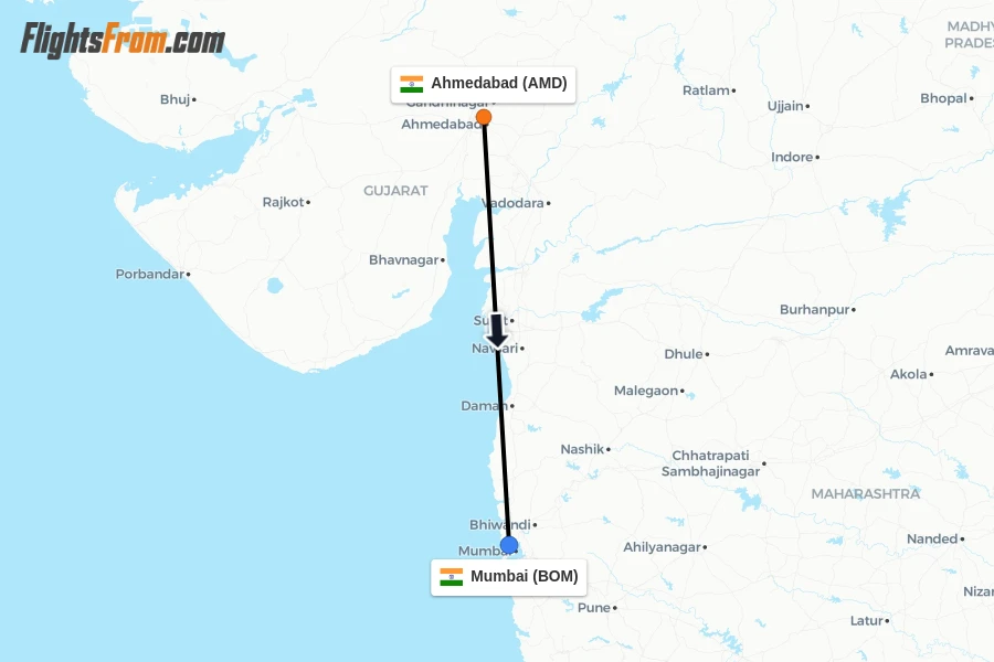 Flights from Ahmedabad to Mumbai route map