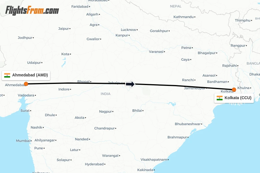 Flights from Ahmedabad to Kolkata route map
