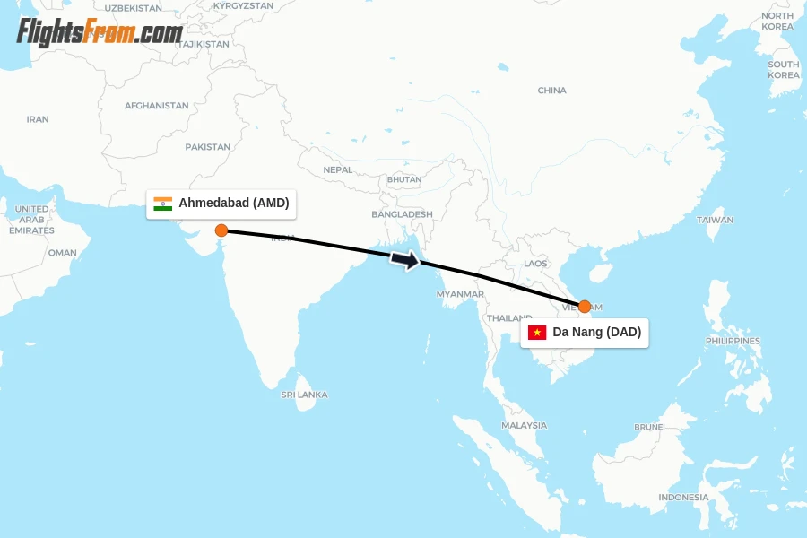 Flights from Ahmedabad to Da Nang route map