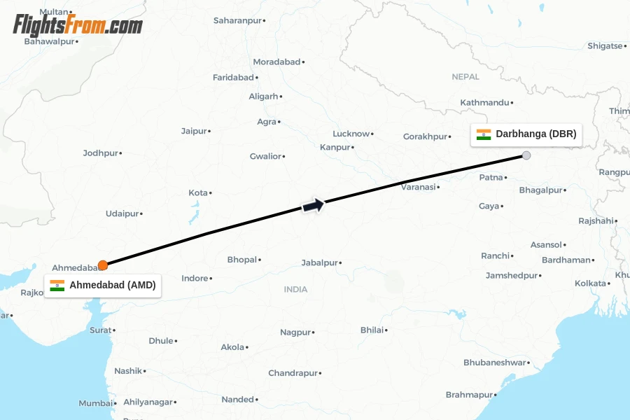 Flights from Ahmedabad to Darbhanga route map