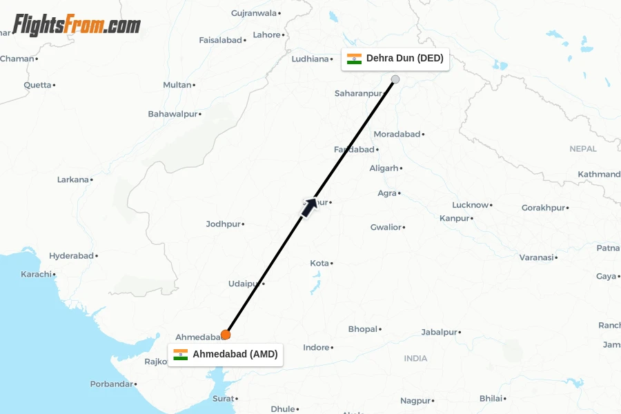 Flights from Ahmedabad to Dehra Dun route map