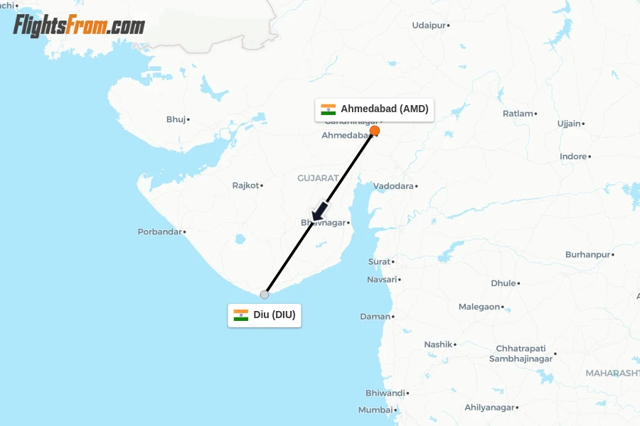 Flights from Ahmedabad to Diu route map