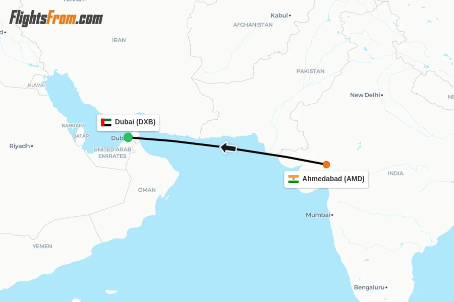 Flights from Ahmedabad to Dubai route map