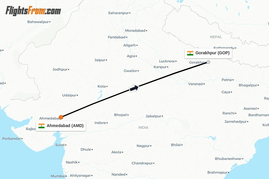 Flights from Ahmedabad to Gorakhpur route map