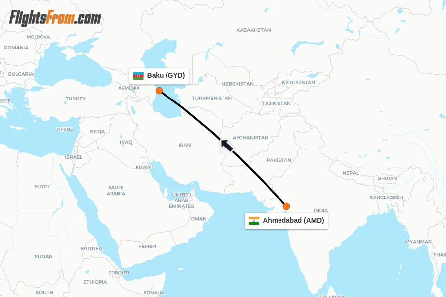 Flights from Ahmedabad to Baku route map