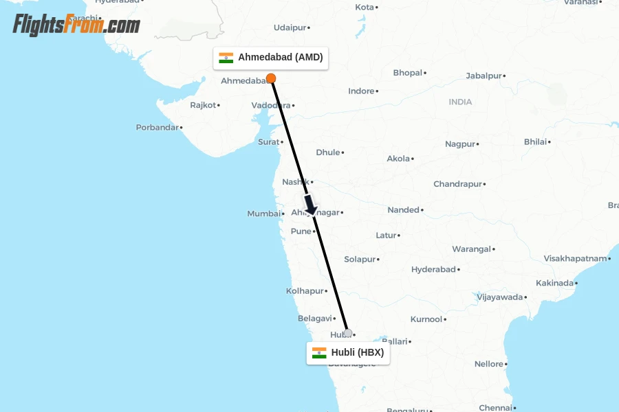 Flights from Ahmedabad to Hubli route map