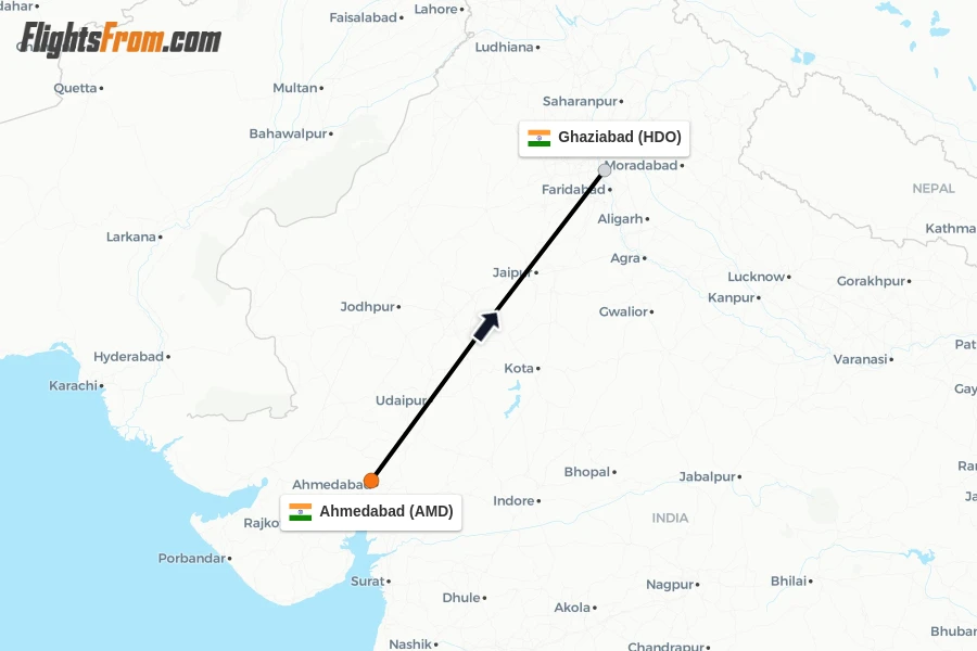 Flights from Ahmedabad to Ghaziabad route map