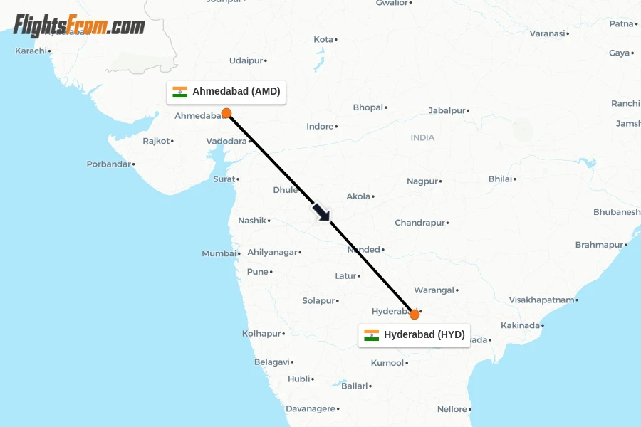 Flights from Ahmedabad to Hyderabad route map