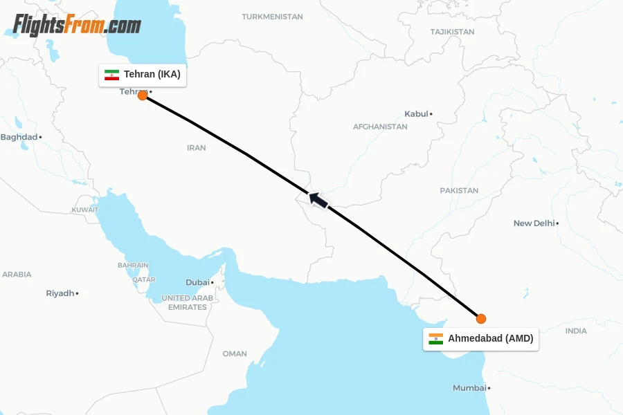 Flights from Ahmedabad to Tehran route map