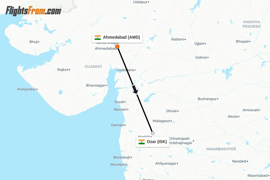 Flights from Ahmedabad to Ozar route map