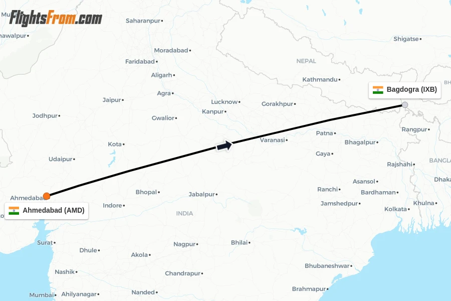Flights from Ahmedabad to Bagdogra route map