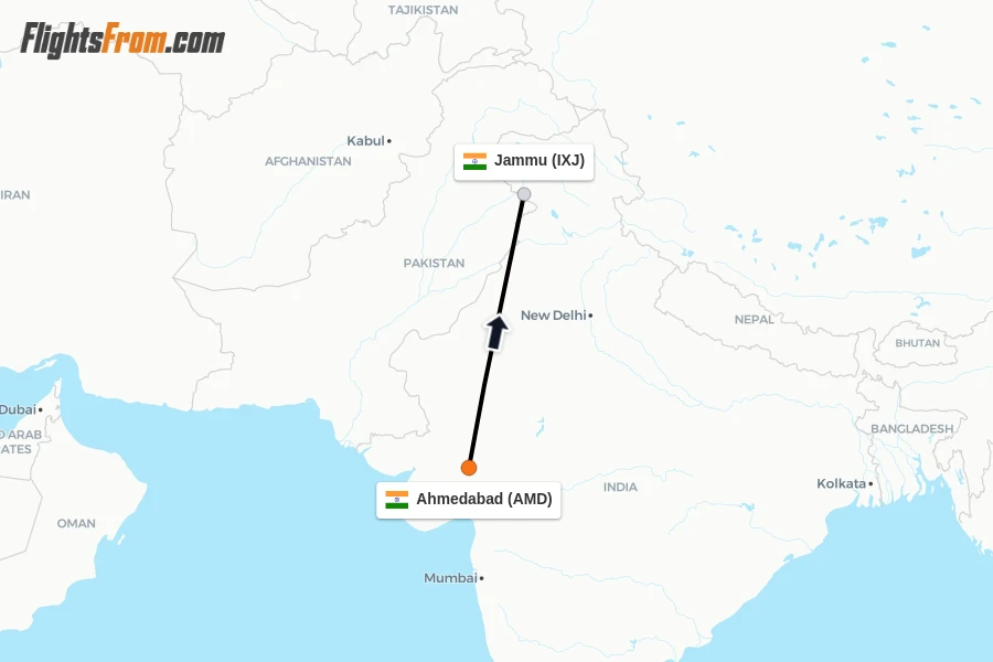 Flights from Ahmedabad to Jammu route map