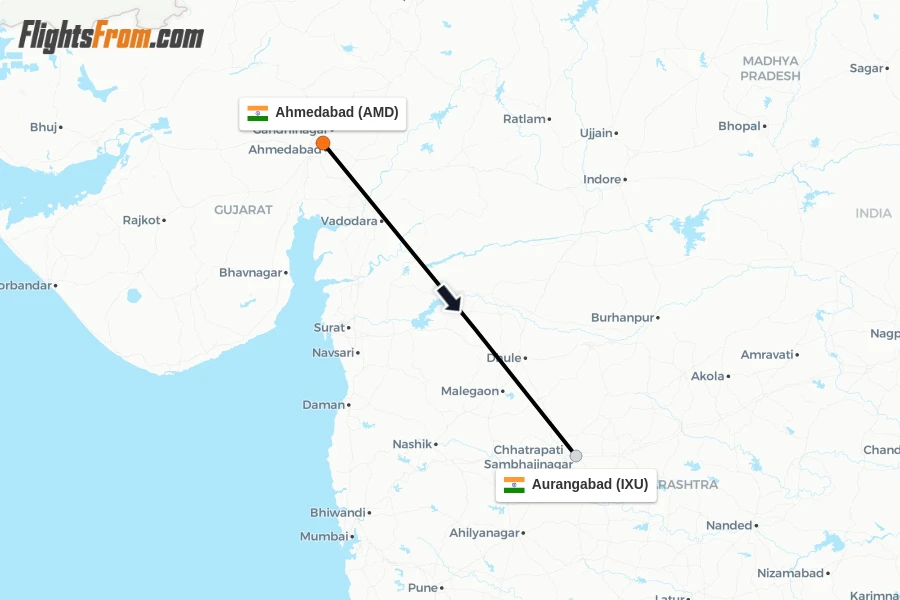Flights from Ahmedabad to Aurangabad route map