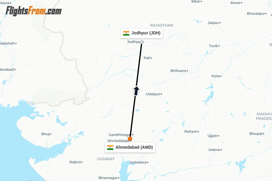 Flights from Ahmedabad to Jodhpur route map