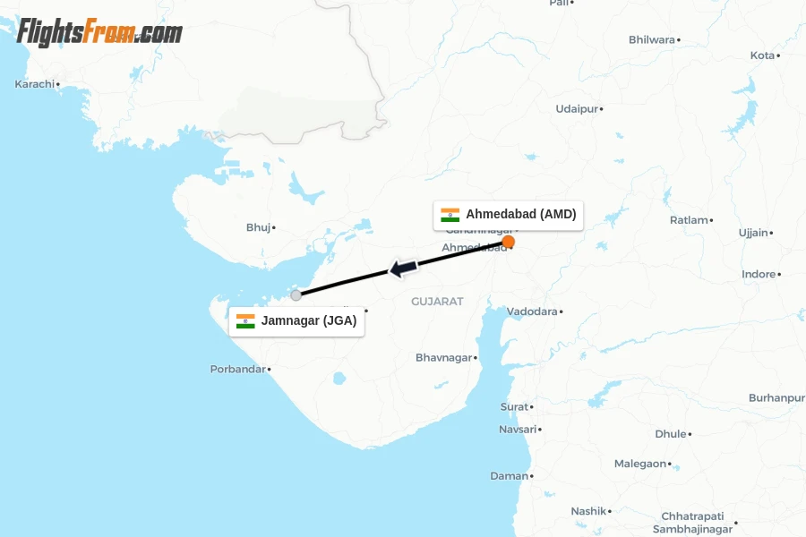 Flights from Ahmedabad to Jamnagar route map
