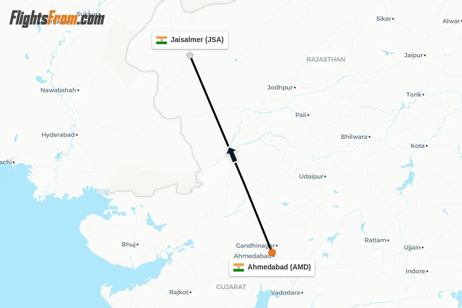 Flights from Ahmedabad to Jaisalmer route map