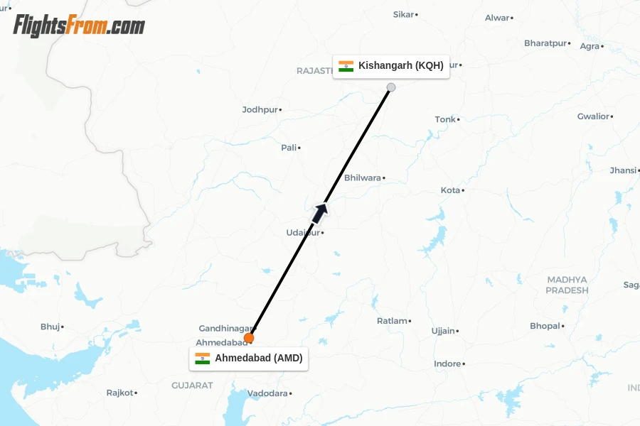 Flights from Ahmedabad to Kishangarh route map