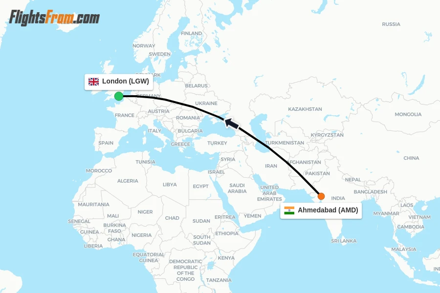 Flights from Ahmedabad to London route map