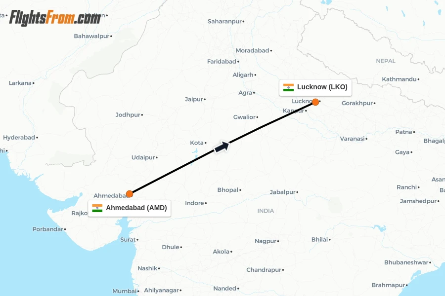 Flights from Ahmedabad to Lucknow route map
