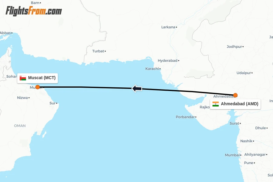 Flights from Ahmedabad to Muscat route map
