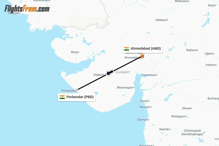 Flights from Ahmedabad to Porbandar route map