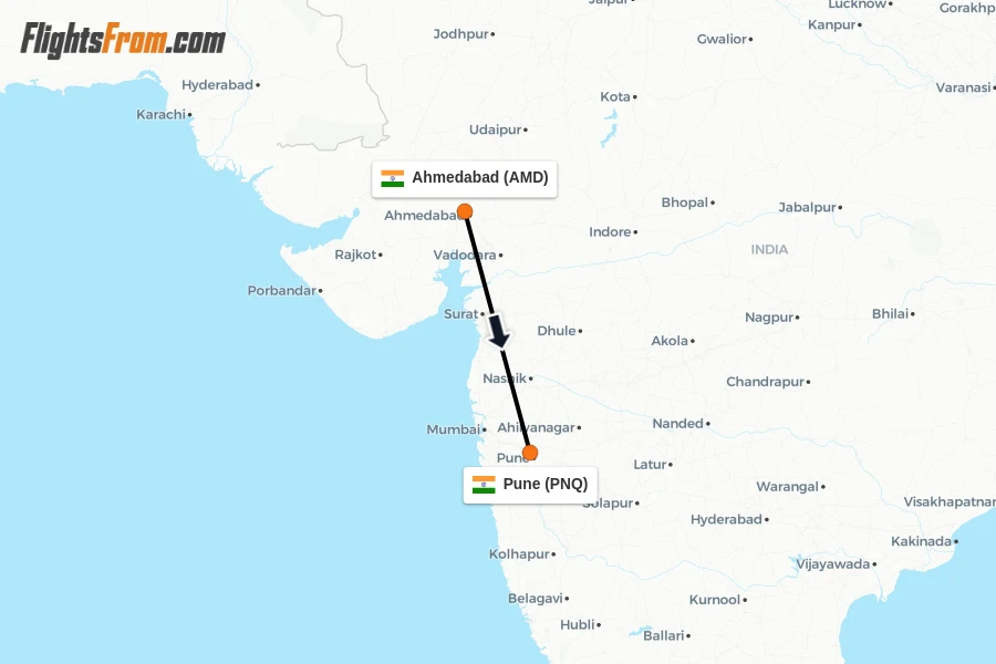 Flights from Ahmedabad to Pune route map
