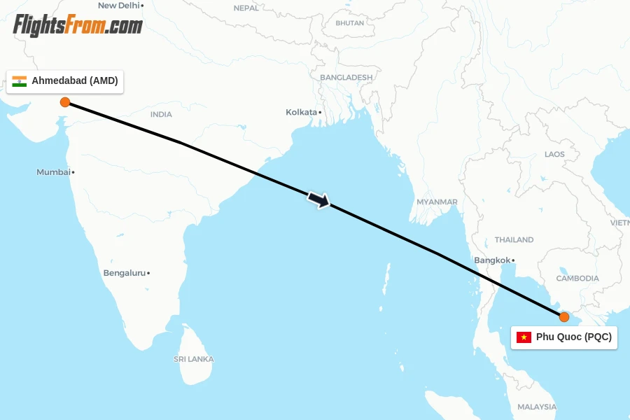 Flights from Ahmedabad to Phu Quoc route map