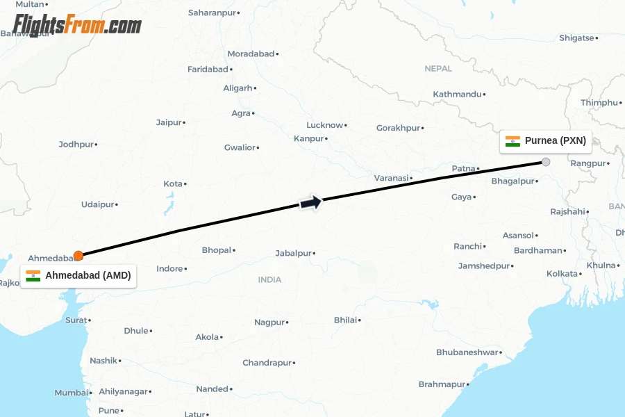 Flights from Ahmedabad to Purnea route map