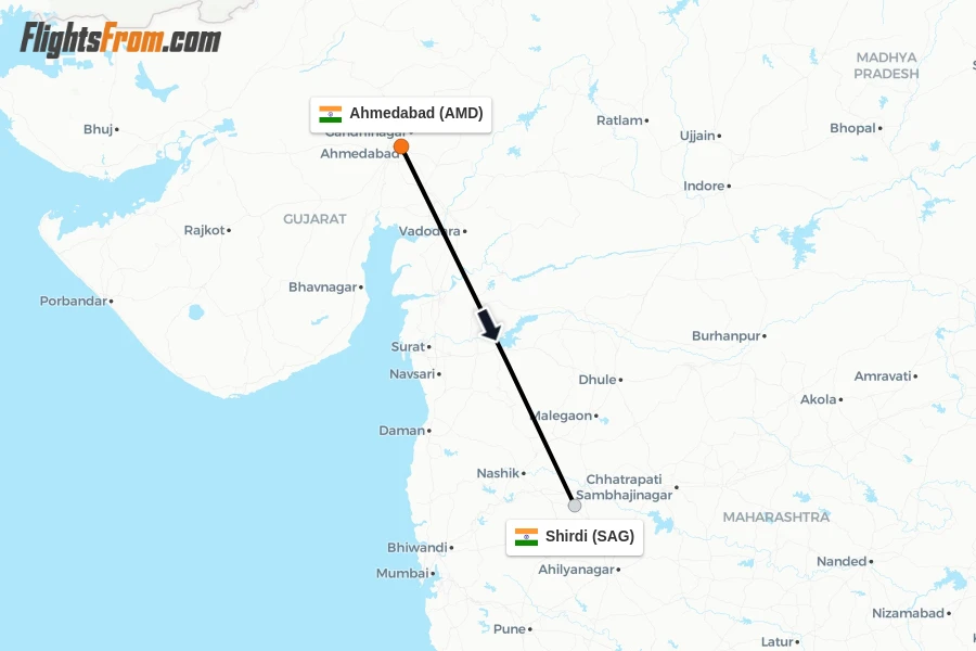 Flights from Ahmedabad to Shirdi route map