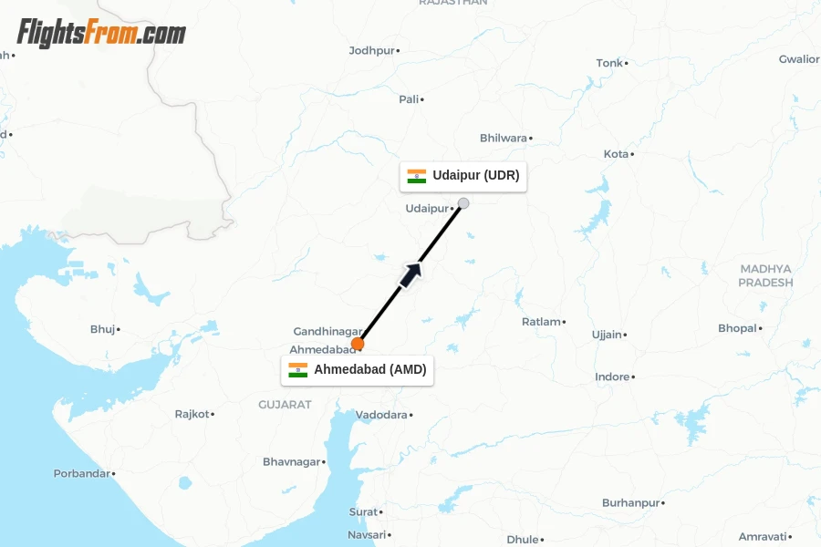 Flights from Ahmedabad to Udaipur route map