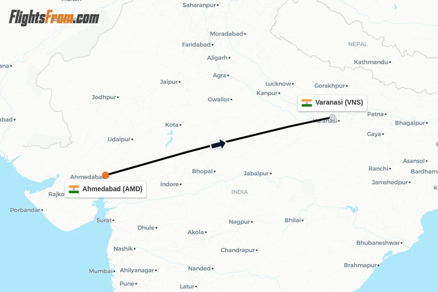 Flights from Ahmedabad to Varanasi route map
