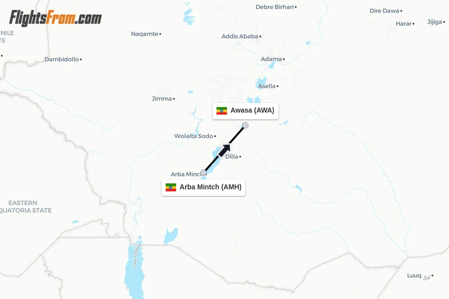 Flights from Arba Mintch to Awasa route map