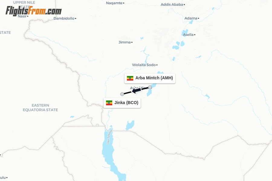 Flights from Arba Mintch to Jinka route map