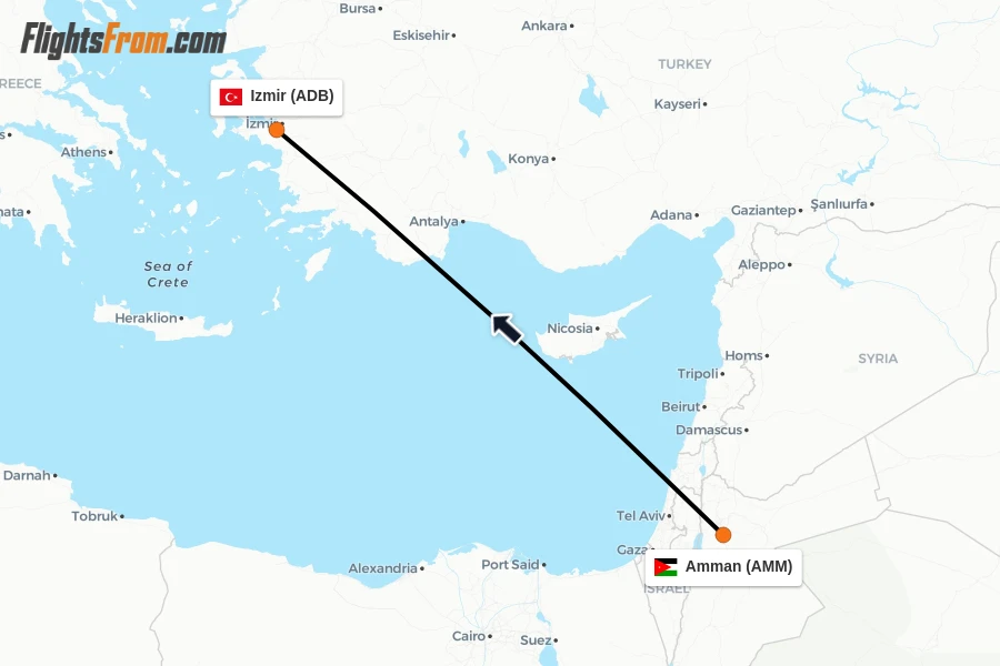 Flights from Amman to Izmir route map