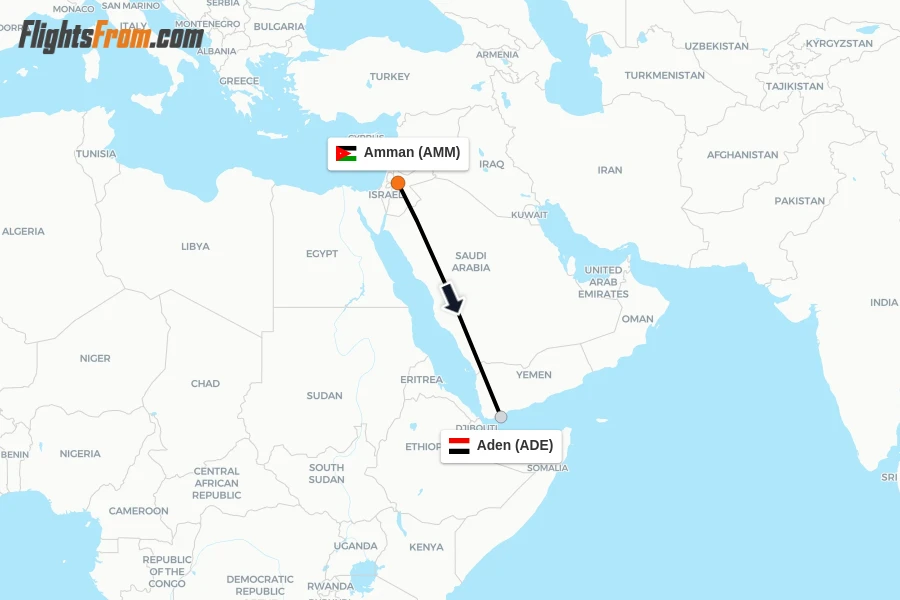 Flights from Amman to Aden route map