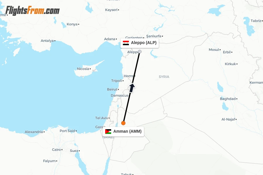 Flights from Amman to Aleppo route map