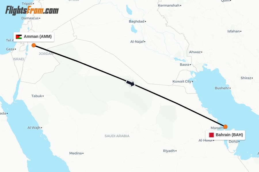 Flights from Amman to Bahrain route map